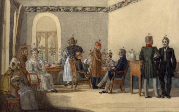 Guest-Room at the Olenin Home in Priyutino. Watercolour by F.G.Solntsev. 1834.